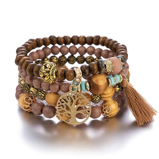 Luckacco Boho Tree Of Life Bracelet Set For Women Fashion Tassels Charm Wooden Beads Elastic Chain Bangle Girl Trendy Party Jewelry