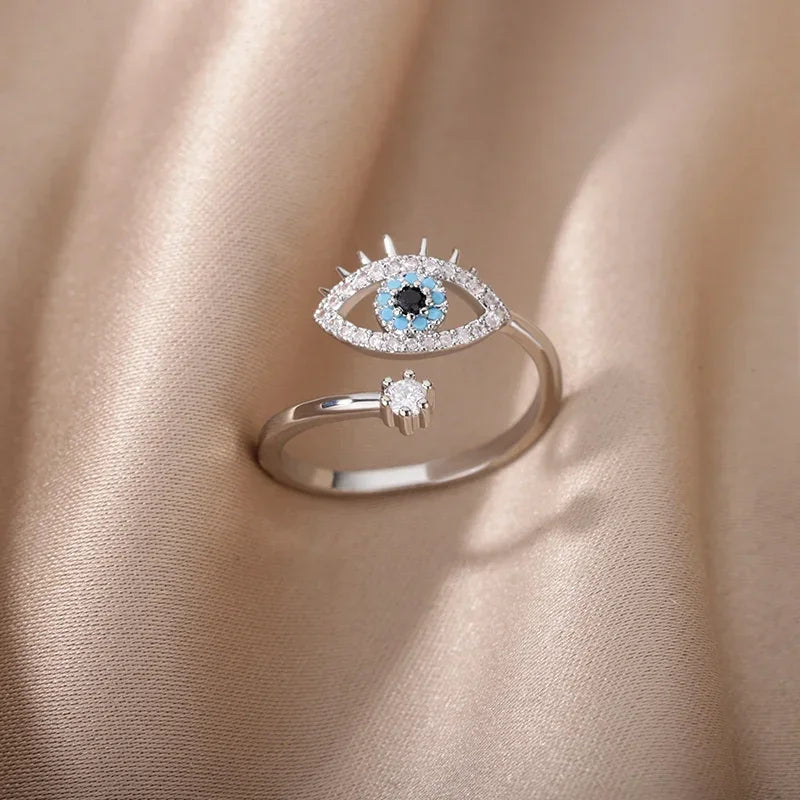 luckacco fashion silver plated evil eye rings for women vintage stainless steel turkish lucky demon eye couple ring emo jewelry