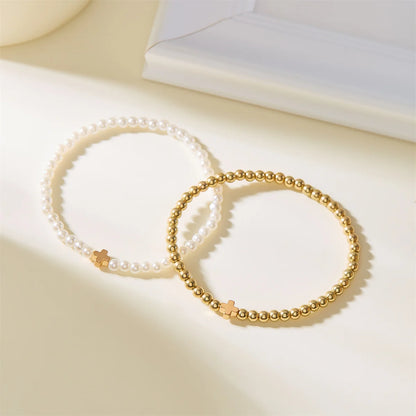 Luckacco Double Layer Minimalist Love Heart Gold Color Imitation Pearl Beaded Bracelets For Women Men Retro Cross Star Bangles Jewelry