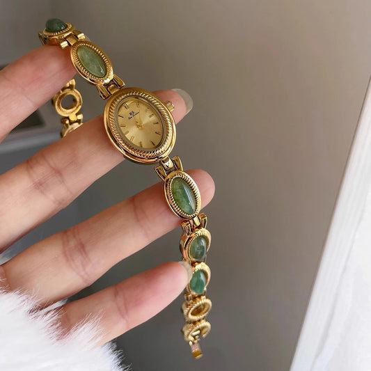 Luckacco High-end Luxury Watches for Woman Elegant Green Jewelry Jade Quartz Bracelet Wristwatch Gift for Women Lady Fashion Dress Watch