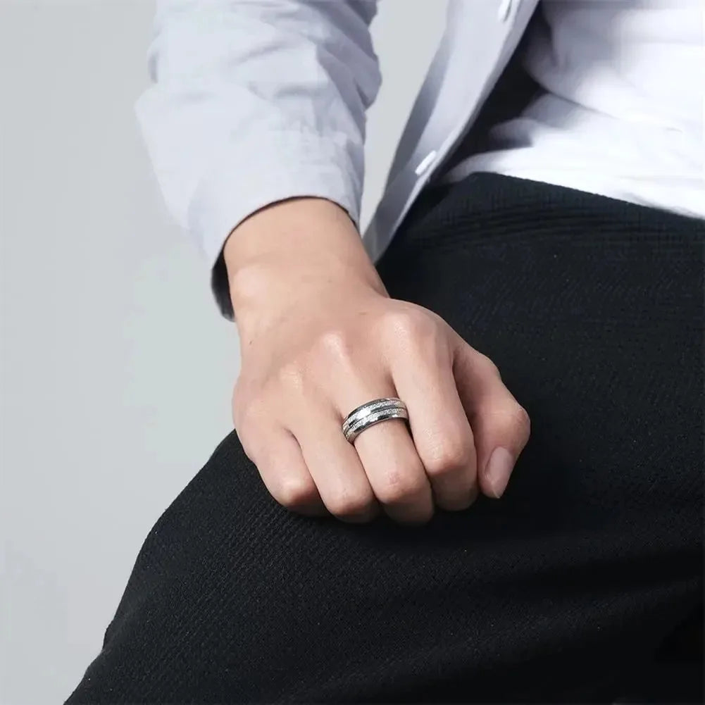 luckacco fashion 8mm silver color stainless steel rings for men double groove meteorite inlay dome men finger ring wedding band jewelry