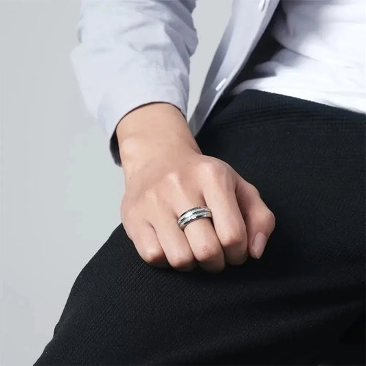 Luckacco Fashion 8mm Silver Color Stainless Steel Rings for Men Double Groove Meteorite Inlay Dome Men Finger Ring Wedding Band Jewelry