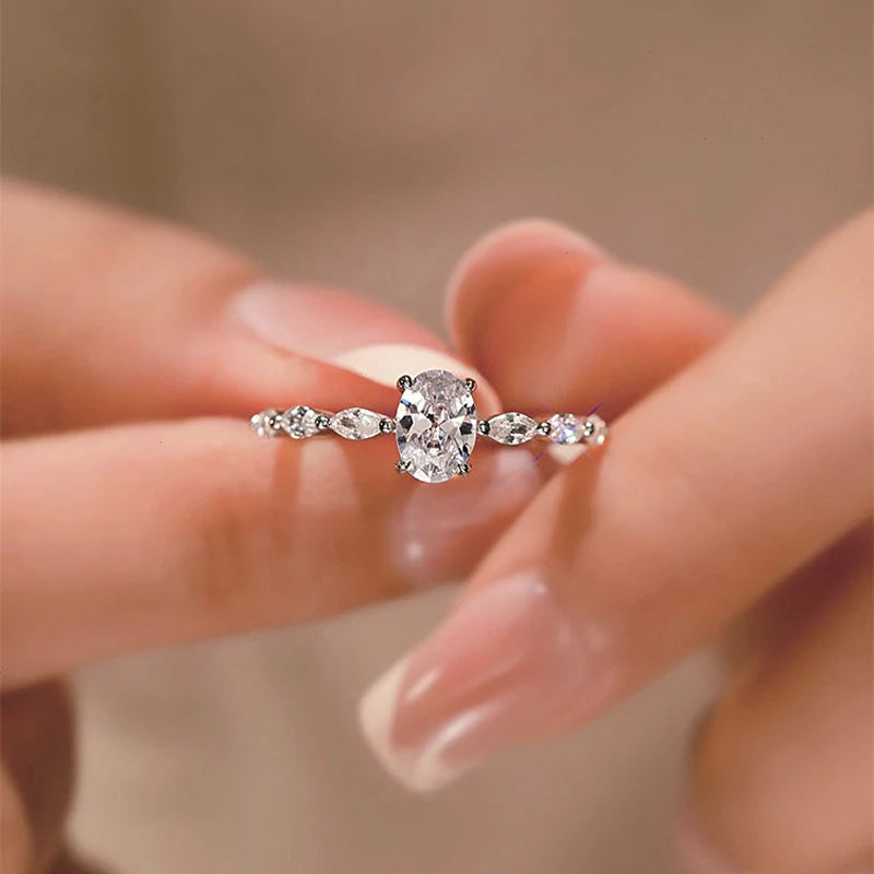luckacco new 925 silver color oval ring women exquisite fashion metal inlaid aaa zircon stones wedding ring engagement fine jewelry