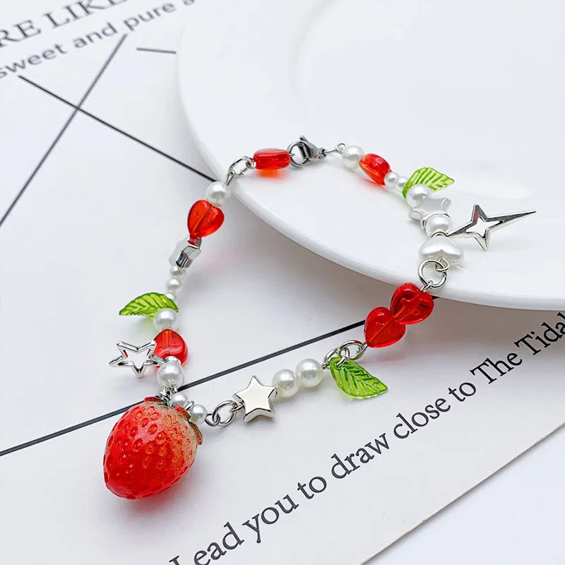 luckacco 1 pc exquisite strawberry cute fashion color alloy beaded bracelet set women party favors