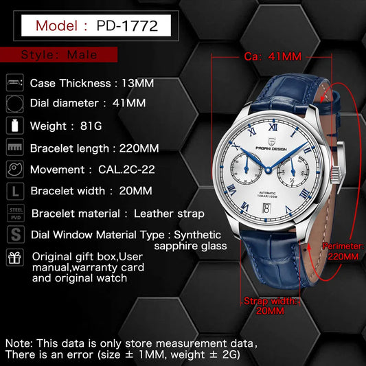 Luckacco PAGANI DESIGN Pilot Series Men Watch Sapphire Glass Mechanical Watch Power Storage Display Automatic Watch 100M Waterproof Clock