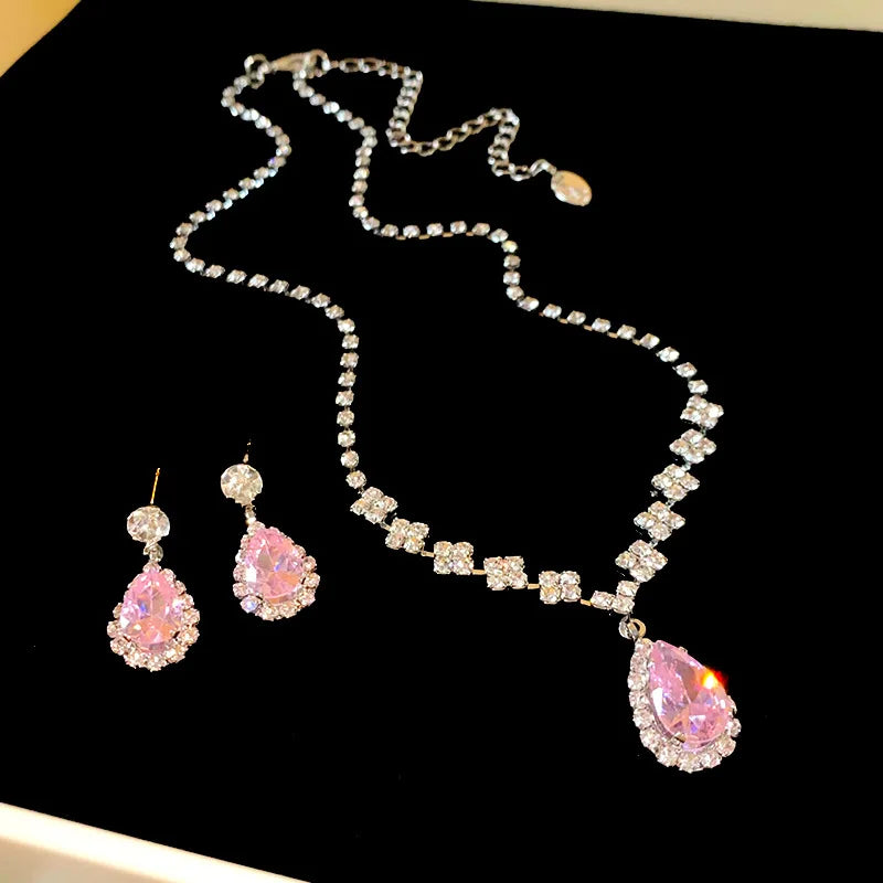 luckacco shiny crystal necklace earrings women's fashion big water droplet rhinestone necklaces wedding evening dress jewelry set
