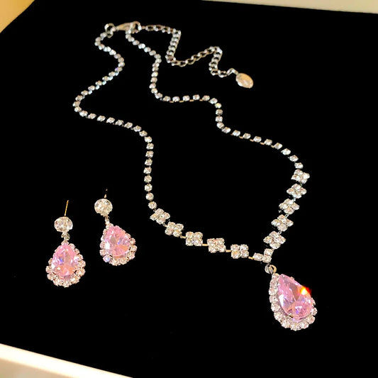 Luckacco Shiny Crystal Necklace Earrings Women's Fashion Big Water Droplet Rhinestone Necklaces Wedding Evening Dress Jewelry Set