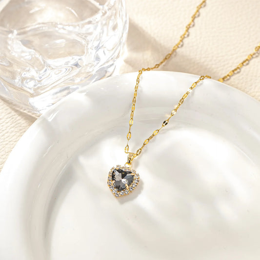 Luckacco Stainless Steel Chain Classic Shiny Colorful Zircon Heart Pendant Necklace for Women Lady Vintage Jewelry Accessories Gifts