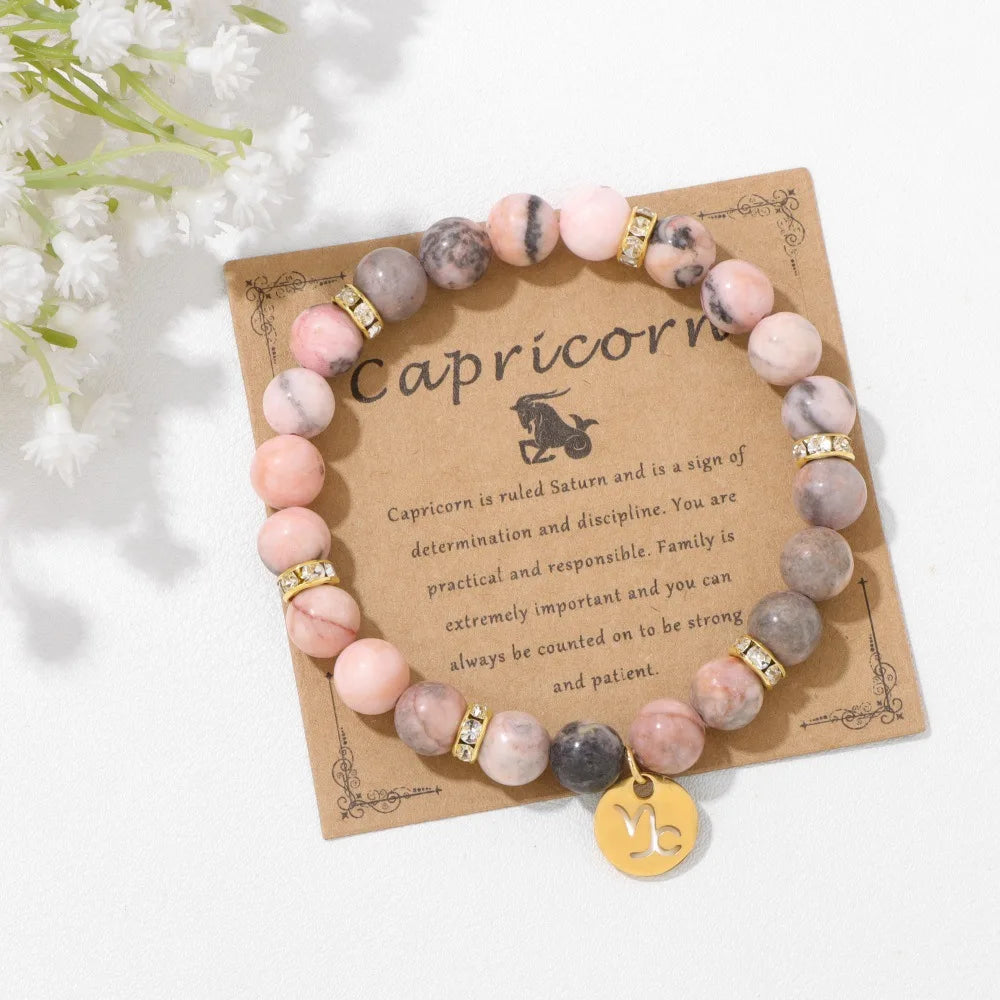 luckacco mhs.sun 12 star zodiac sign pink zebra stone beaded bracelets constellation fashion birthday party jewelry for women men