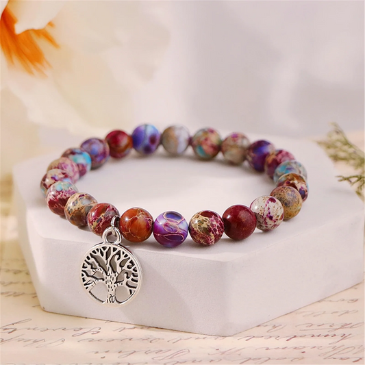 Luckacco Natural Agate Unique Design Tree of Life Beaded Bracelet Women's Jewelry Mom's Christmas Party Favor with Blessing Card