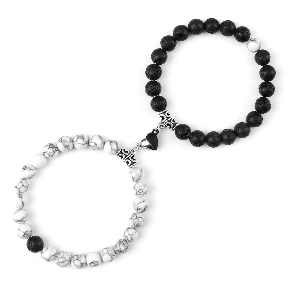 luckacco 2pcs/set sliver black color magnet pendant bracelets 6mm 8mm white porcelain black line beads couple bracelet jewelry gift new