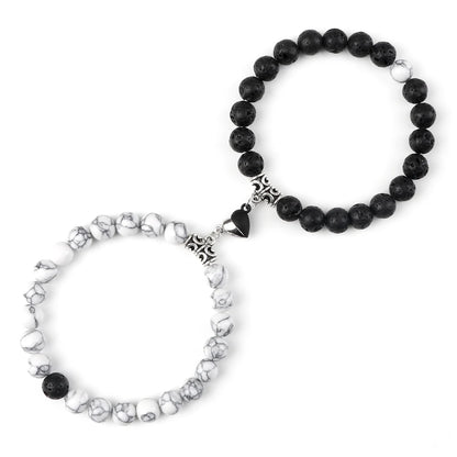 Luckacco 2Pcs/Set Sliver Black Color Magnet Pendant Bracelets 6MM 8MM White Porcelain Black Line Beads Couple Bracelet Jewelry Gift New