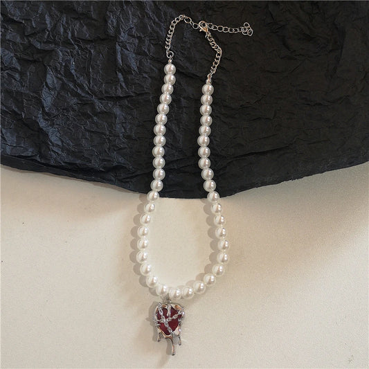 Luckacco Gothic Vintage Y2K Red Glass Heart Star Cross Pendant Pearl Bead Necklace For Women Men Aesthetic 90s Grunge Accessories Jewelry
