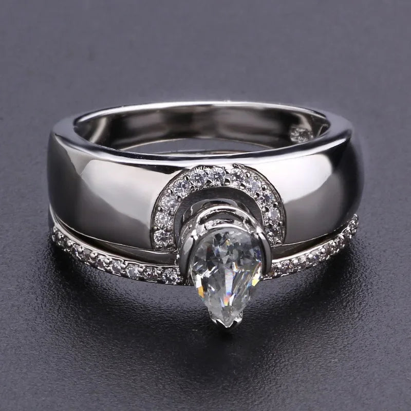 luckacco exquisite women silver color waterdrop metal inlaid white round zicron stones ring set wedding engagement rings jewelry
