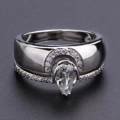 Luckacco Exquisite Women Silver Color Waterdrop Metal Inlaid White Round Zicron Stones Ring Set Wedding Engagement Rings Jewelry