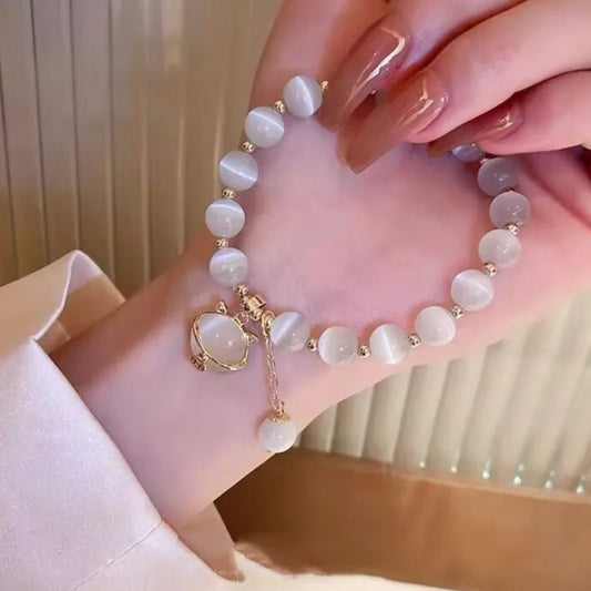 Luckacco Elegant Cat Pendant Opal Beaded Bracelet for Women Cute Handmade Beads Versatile Party Jewelry Grils Perfect Gift
