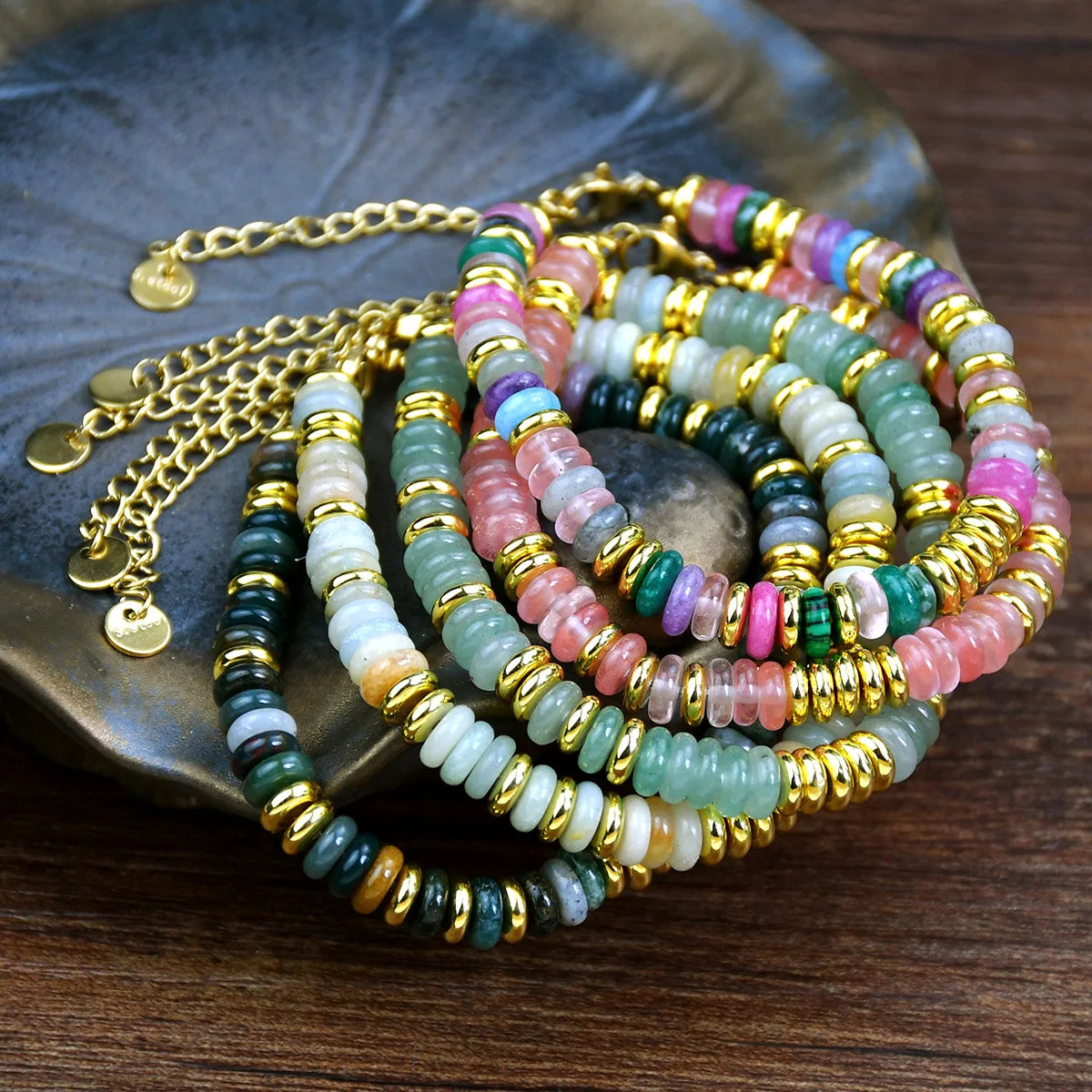 luckacco fashion dopamine colored natural stone adjustable bead bracelets women's light luxury high-end pebble bracelet jewelry