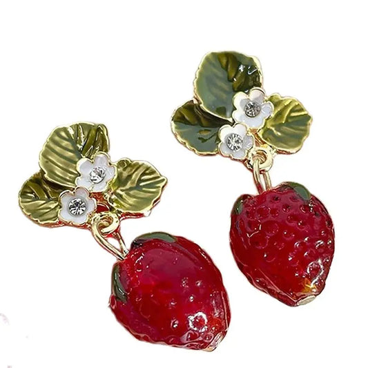 Luckacco Obega Girls Cute Strawberry Drop Earrings Green Leaves White Flower Red Berry Crystal Stone Earrings ForSummer Jewelry Gift