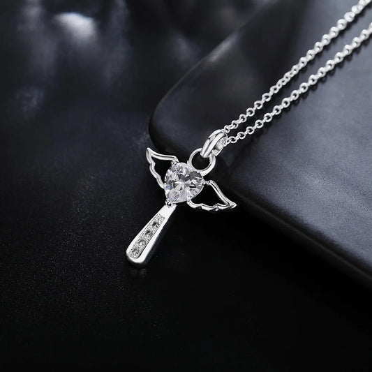 Luckacco Fine 925 Sterling Silver angel noble crystal cross pendants Necklace For Women luxury party Wedding Jewelry Christmas gifts