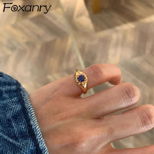 Luckacco Foxanry Gold Color Blue Zircon Star Tail Rings For Women Couples Exquisite Trendy Elegant Temperament Engagement Jewelry Gifts
