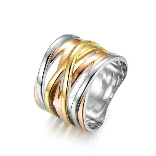 Luckacco Stainless Steel Multilayer Cross Wide Band Ring for Women Men Size 6-11