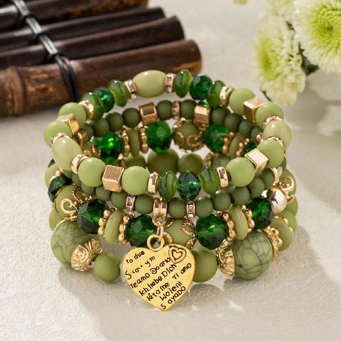 luckacco 4pcs/set boho ethnic heart beaded bracelet set for women handmade crystal beads chain bangle female bohemia jewelry gift