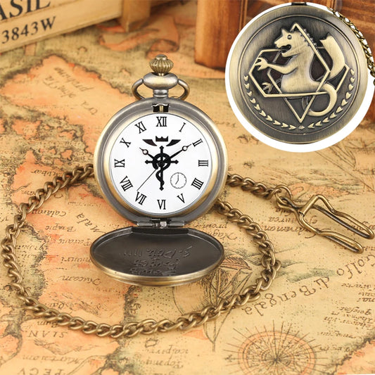 Luckacco Antique Fullmetal Alchemist Quartz Anime Pocket Watch Cosplay Edward Elric Clock Design Pendant Necklace Chain Vintage Chain