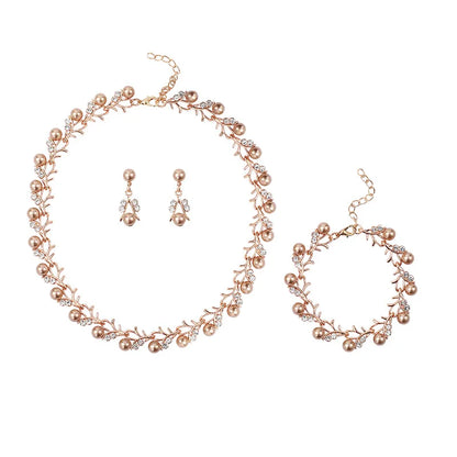 Luckacco Korean Pearl Necklace Earring Set Bridal Dress jewellery woman Accessories Fashion Small Fresh Alloy Three Piece  jewelry sets