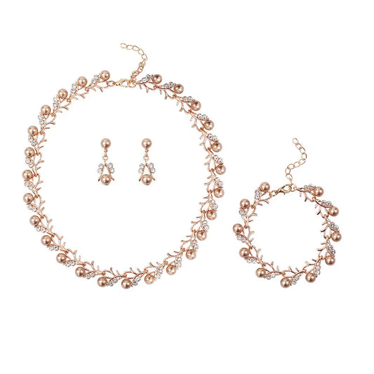 Luckacco Korean Pearl Necklace Earring Set Bridal Dress jewellery woman Accessories Fashion Small Fresh Alloy Three Piece  jewelry sets