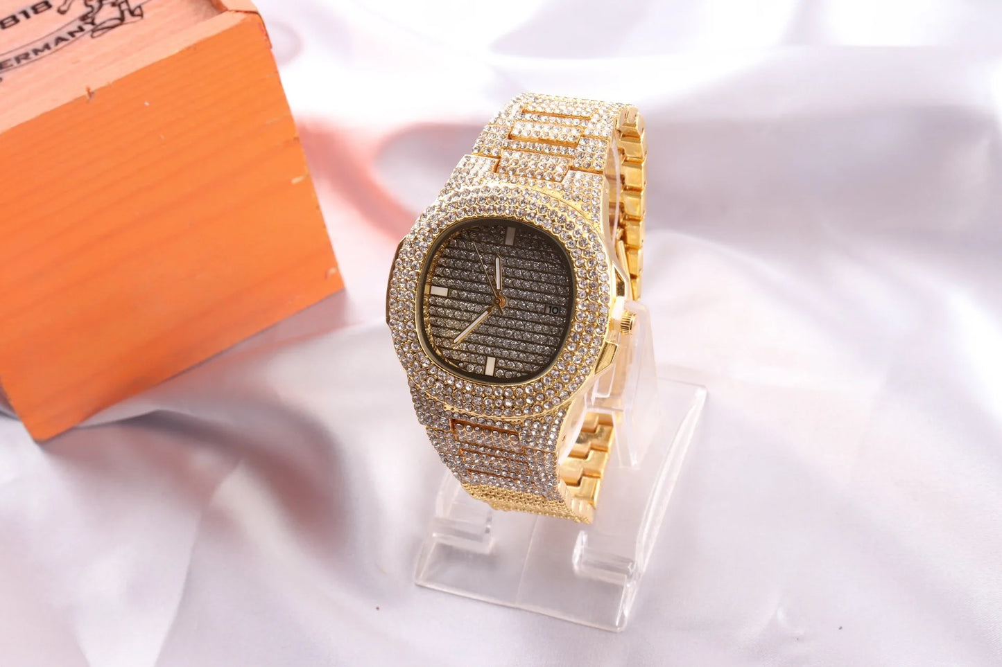 luckacco golden quartet quartz watch stylish square full star set steel band calendar men's women's wristwatch