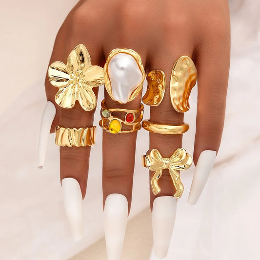Luckacco Vintage Chic Geometric Stone Inlaid Ring Set for Women Simple Chunky Gold Color Geometric Rings Daily Wear Party Jewelry Gifts