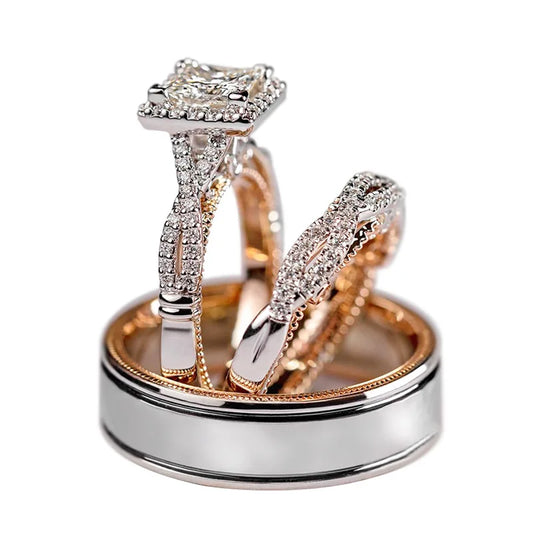 Luckacco 14K Gold Vintage 3-in-1 Promise Ring Set Lab Diamond Engagement Wedding Band Rings for Women Men Party Jewelry