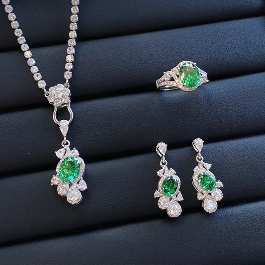 Luckacco Valuable Lab Jade Diamond Jewelry set 925 Sterling Silver Engagement Wedding Rings Earrings Necklace For Women Bridal Party Gift