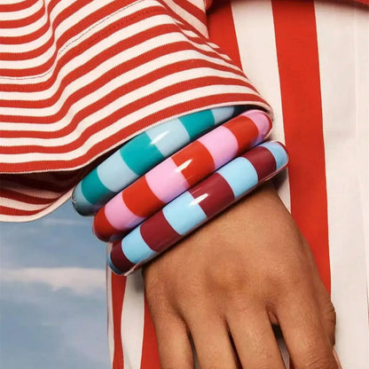 Luckacco Color-Blocked Striped Resin Bracelet Minimalist Dopamine-Hunting Girl Color Palette Stylish Charm Women's Layered Jewelry