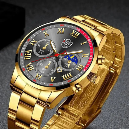 Luckacco 2PCS Fashion Mens Calendar Watches Luxury Male Stainless Steel Quartz Wristwatch Luminous Clock Men Bracelet Wrist Watch
