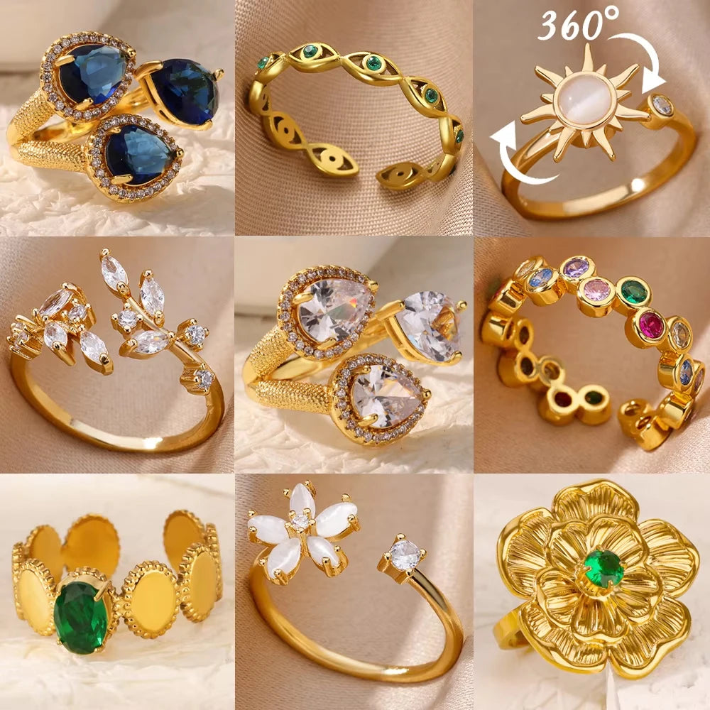 luckacco luxury gemstone flower stainless steel rings zircon adjustable ring women wedding anti fading jewelry vacation accessories gift