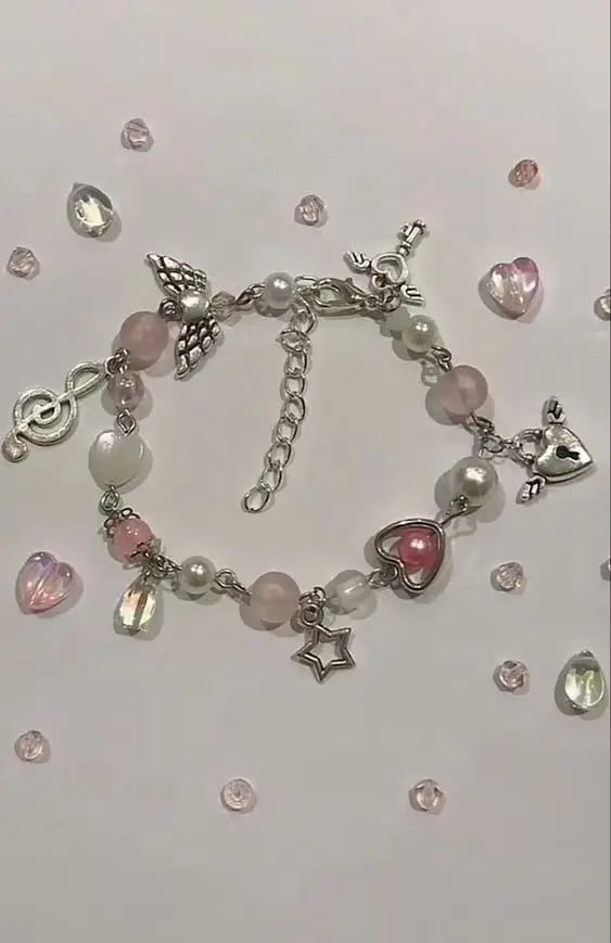 luckacco harajuku pentagram pearl beaded bracelets for women 2023 korean aesthetic cute star blue glass ball bracelets y2k jewelry gifts