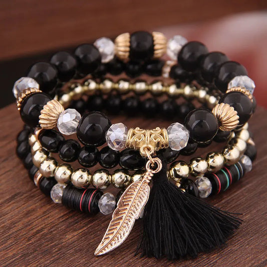 Luckacco DIEZI Korean Ethnic Bohemian Crystal Beads Leaves Charm Bracelets For Women Girls Elastic Rope Wrap Bracelet Pulseira Feminina
