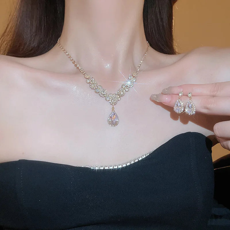 luckacco shiny crystal necklace earrings women's fashion big water droplet rhinestone necklaces wedding evening dress jewelry set