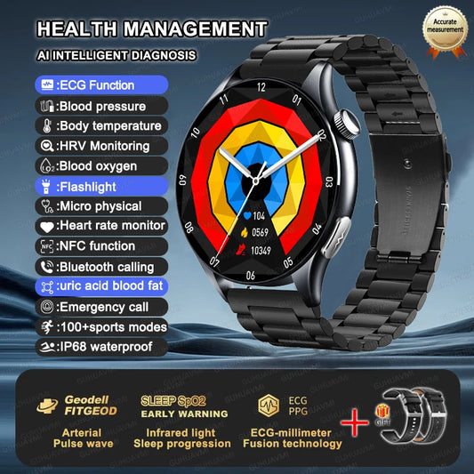 Luckacco 2025 New Health Analysis ECG+PPG Smart Watch Body Fat Uric Acid Blood Pressure Heart Rate Tracker NFC Smartwatch For Android IOS