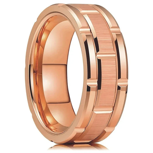 Luckacco Fashion Men 8mm Rose Gold Color Stainless Steel Rings Double Groove Pattern Promise Rings For Men Wedding Jewelry Accessories