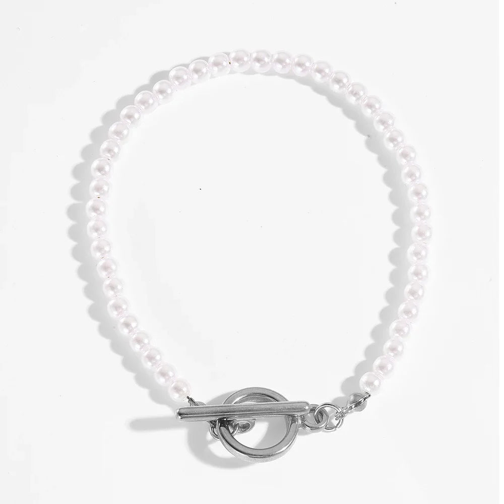 luckacco imitation pearl ot clasp bracelet for women gold color bread bangle silver color chain new in designer fashion jewelry