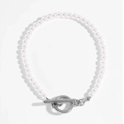 Luckacco Imitation Pearl OT Clasp Bracelet for Women Gold Color Bread Bangle Silver Color Chain New in Designer Fashion Jewelry