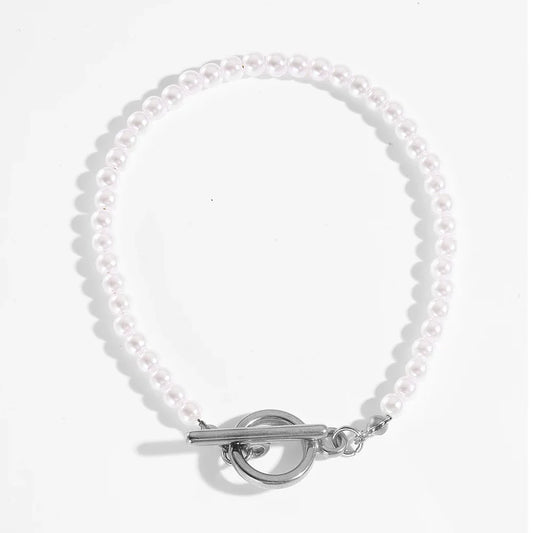 Luckacco Imitation Pearl OT Clasp Bracelet for Women Gold Color Bread Bangle Silver Color Chain New in Designer Fashion Jewelry