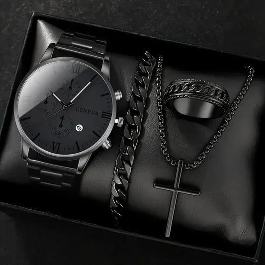 Luckacco 4Pcs/set Luxury Men Business Quartz Watch stainless steel Roman Calendar Wrist Watch Cross Necklace Bracelet Ring Set Men's Gift