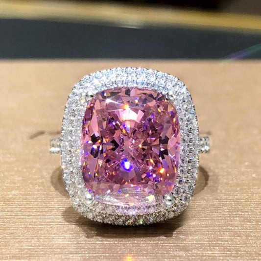 Luckacco Pink Cubic Zirconia Ring Suitable for Women's Engagement Wedding Luxury Accessories Sparkling Silver Fashion Jewelry