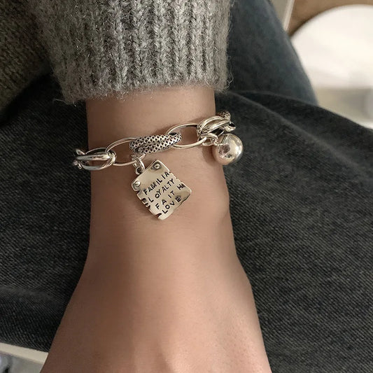 Luckacco New 925 Silver Geometric Bead Punk Peace of Mind Words Irregular String Bracelet For Woman Girl Fashion Jewelry Gift Dropship