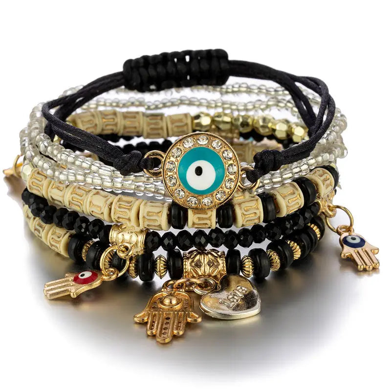 luckacco 6pcs/set bohemian evil eye bracelet set for women fatima hand heart charm beaded rope chain bangle female jewelry gift