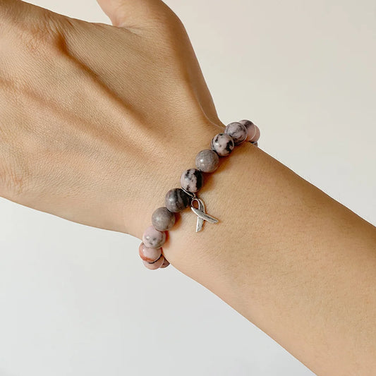 Luckacco Handmade Cat Eye Stone Bracelet Opal Quartz Pink Ribbon Beads Charm Bracelets for Women Breast Cancer Awareness Jewelry Gift
