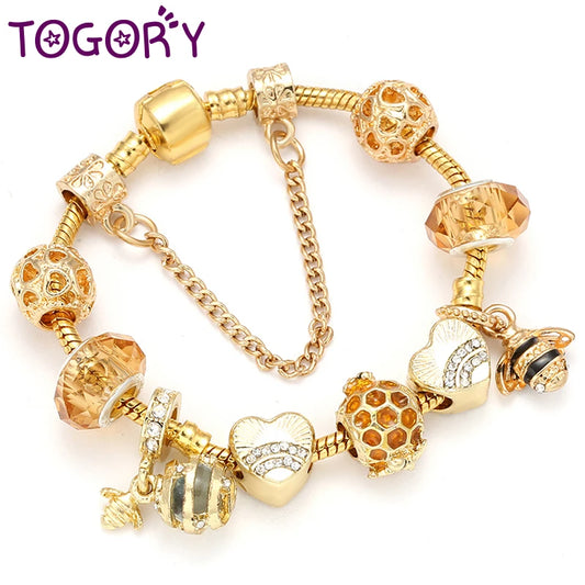 Luckacco TOGORY 2024 Authentic Gold Color Bees Dangles Charm Bracelet White Crystal Beads Fine Bracelet For Women Kids Birthday Gifts